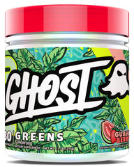 GHOST Greens Guava Berry tub label highlighting 19 greens and reds for daily nutrition.