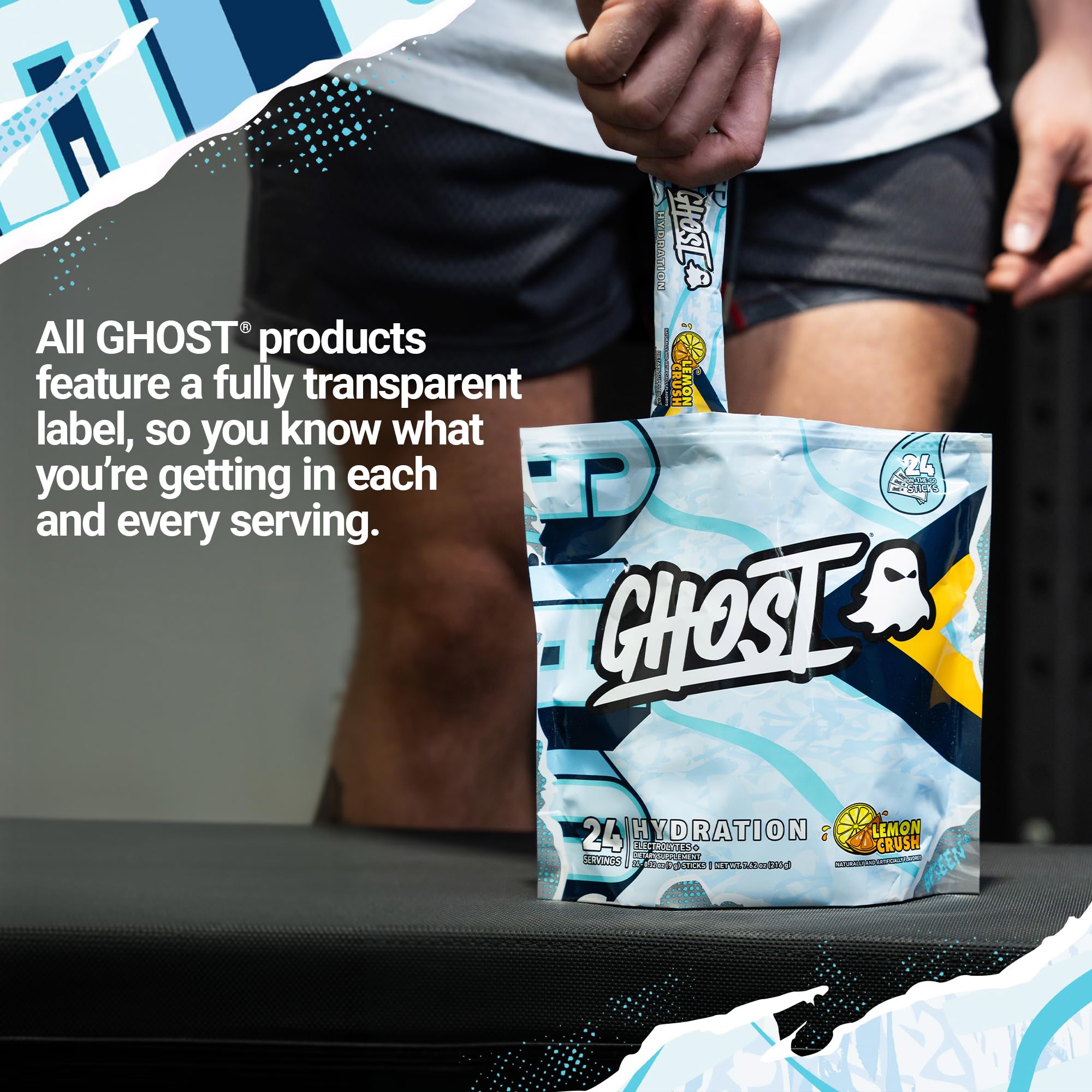GHOST Hydration Lemon Crush shaker with sticks for gym hydration
