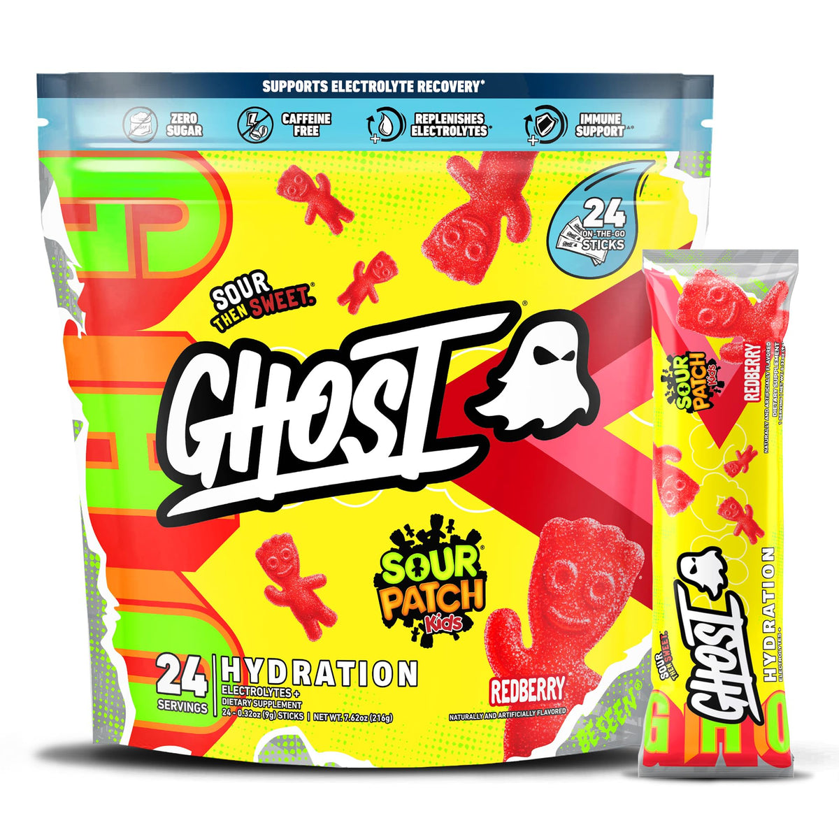 GHOST Hydration packet with Sour Patch Kids Redberry in a shaker bottle for easy hydration.