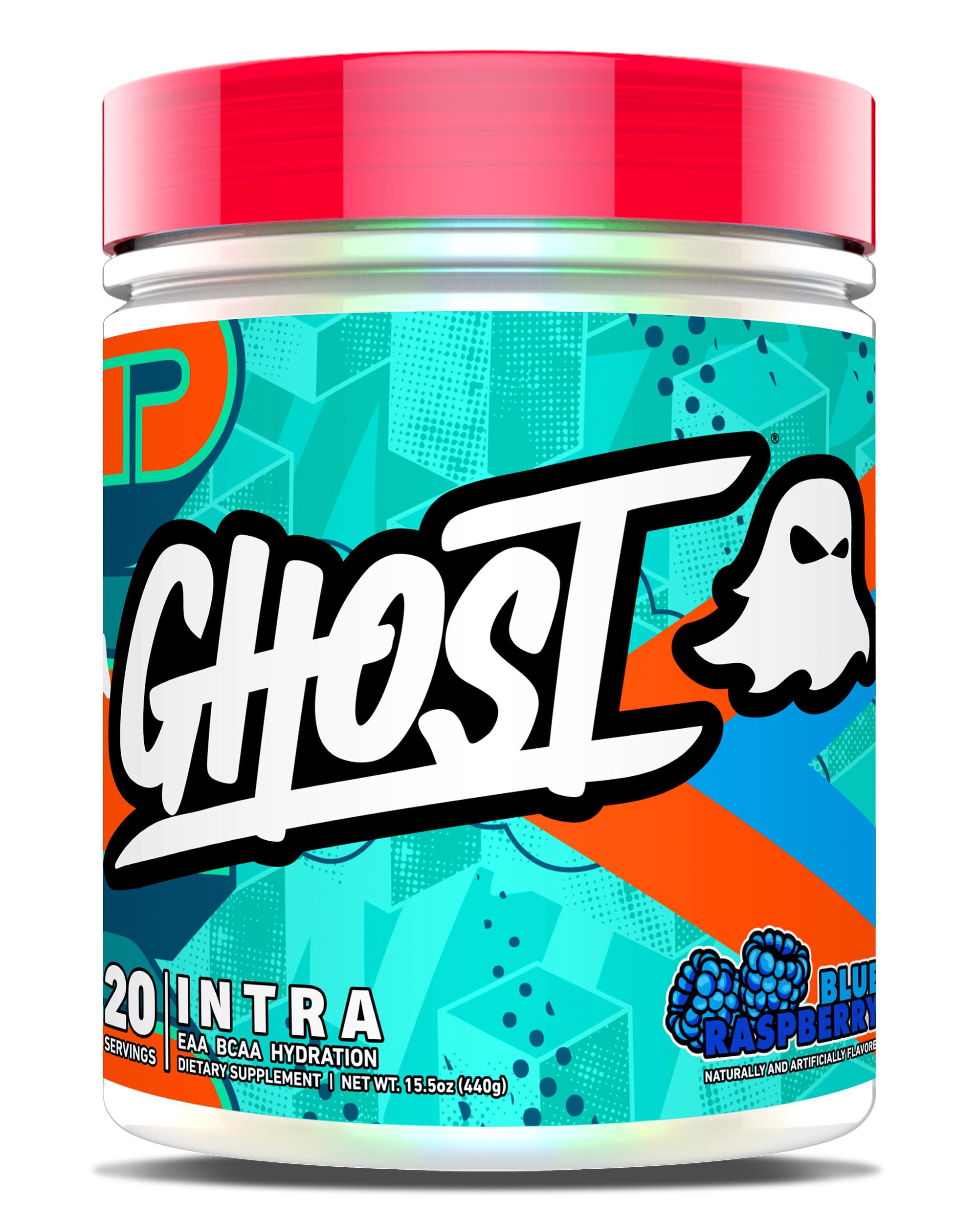 GHOST Intra Blue Raspberry tub label highlighting hydration support and recovery potential after intense training