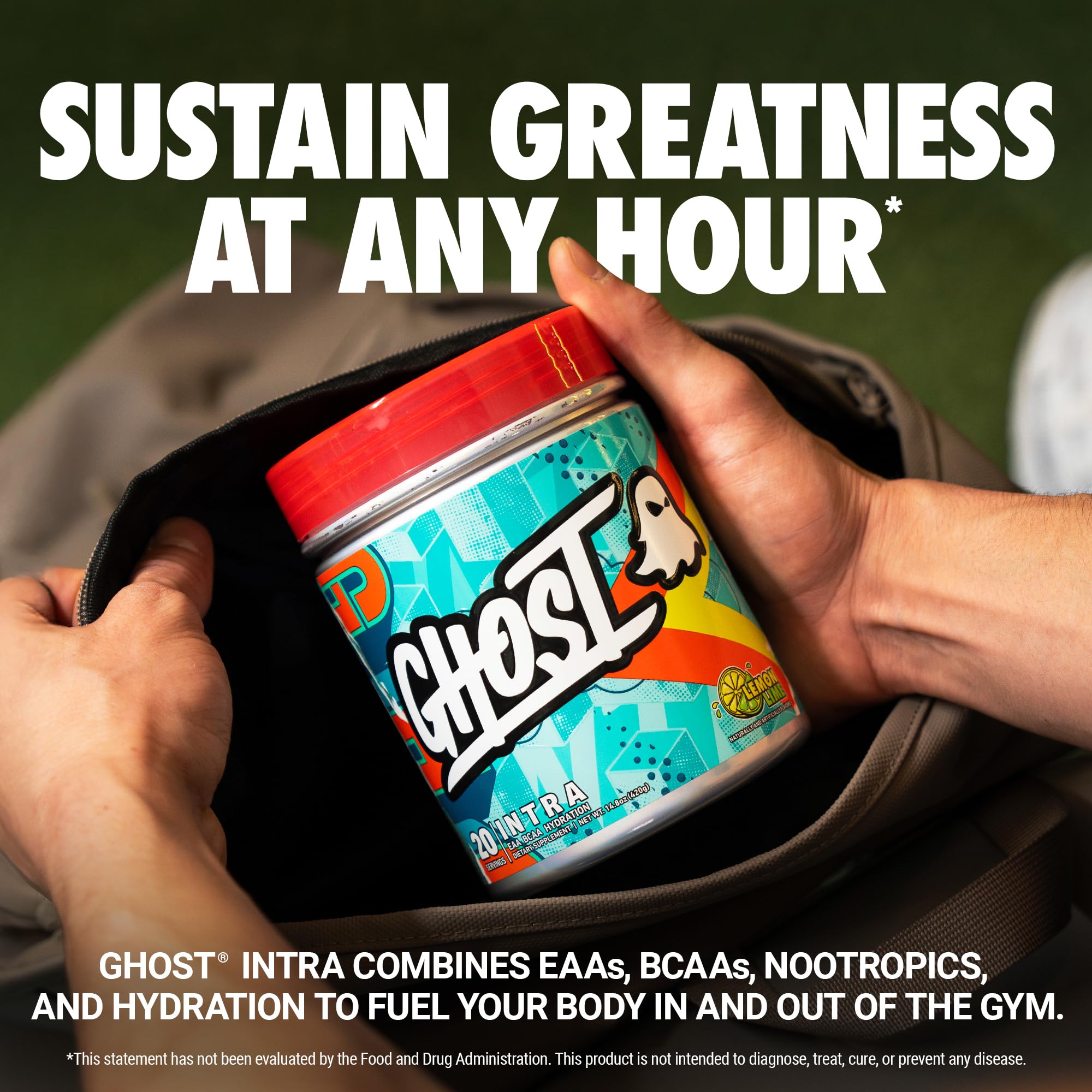 GHOST Intra Lemon Lime powder scoop highlights the amino acid blend for training sessions.