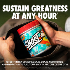 GHOST Intra Lemon Lime powder scoop highlights the amino acid blend for training sessions.