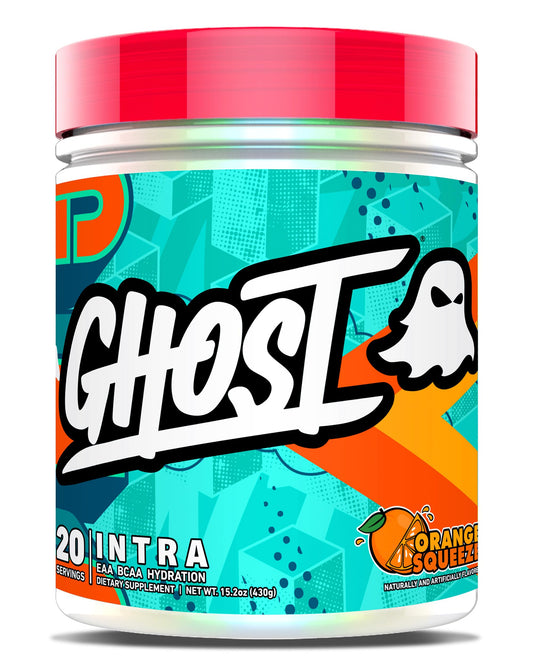 GHOST Intra Orange Squeeze bottle with clear label showing BCAAs and EAAs