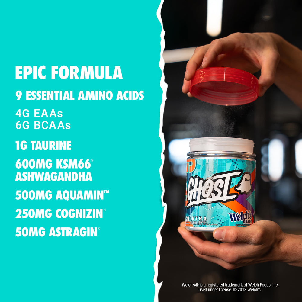 GHOST Intra powder scoop on bottle suggests easy mixing for workouts.