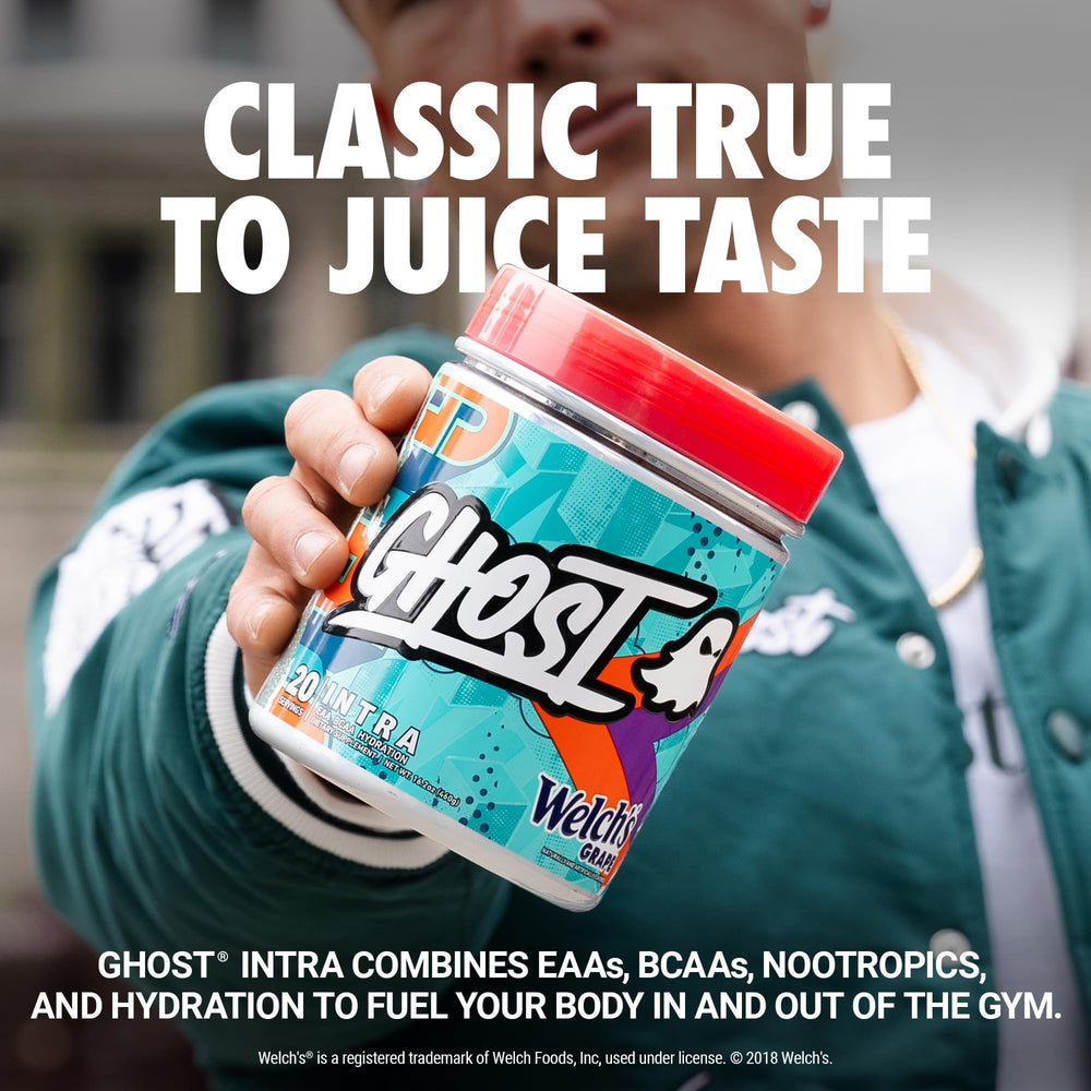 GHOST Intra Welch's Grape label close-up highlights per-scoop BCAAs and EAAs for informed planning.