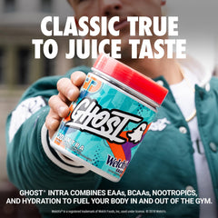 GHOST Intra Welch's Grape label close-up highlights per-scoop BCAAs and EAAs for informed planning.