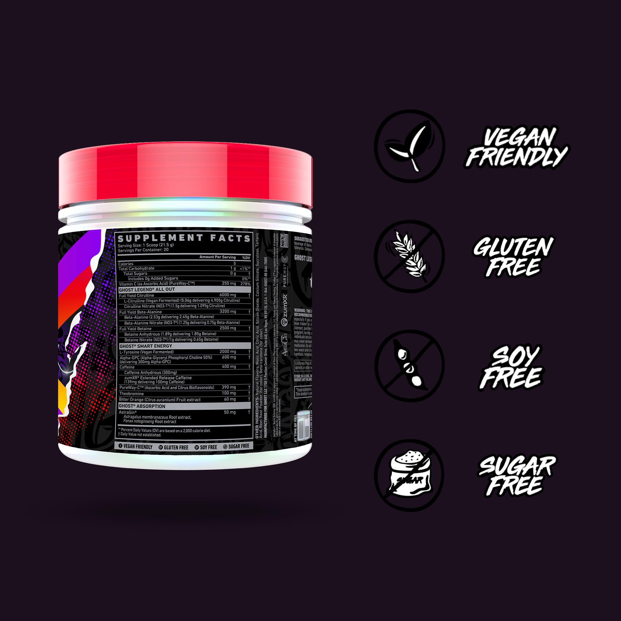 GHOST Legend All Out caffeine blend suggests sustained energy for long workouts.