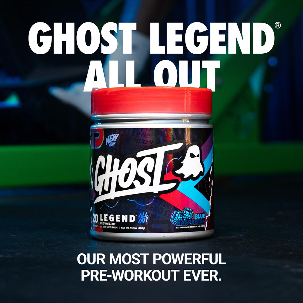 GHOST Legend All Out caffeine scoop highlighting the dual caffeine blend for steady focus