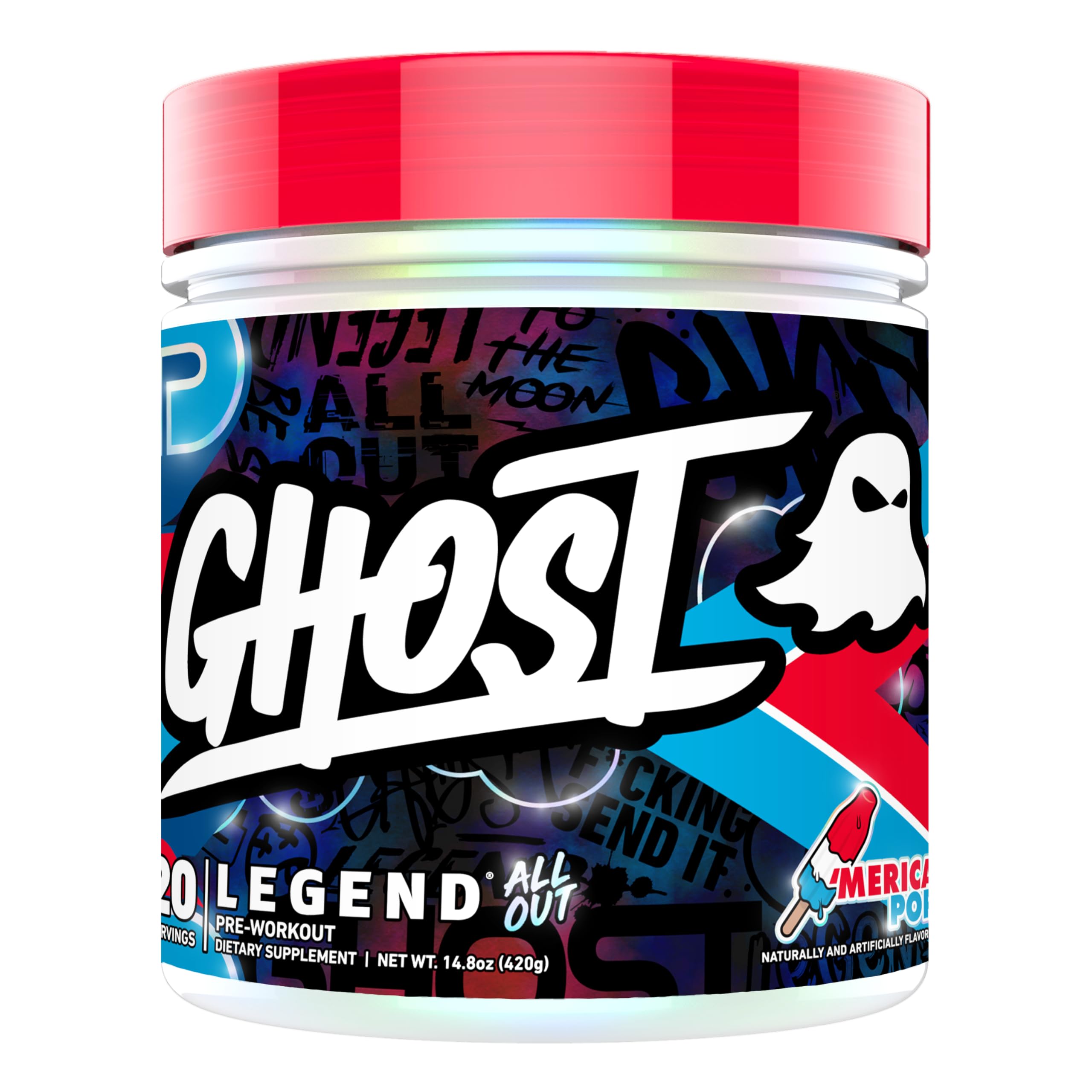 GHOST Legend All Out Merica Pop bottle highlighting energy blend ideal for intense workouts