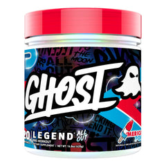 GHOST Legend All Out Merica Pop bottle highlighting energy blend ideal for intense workouts