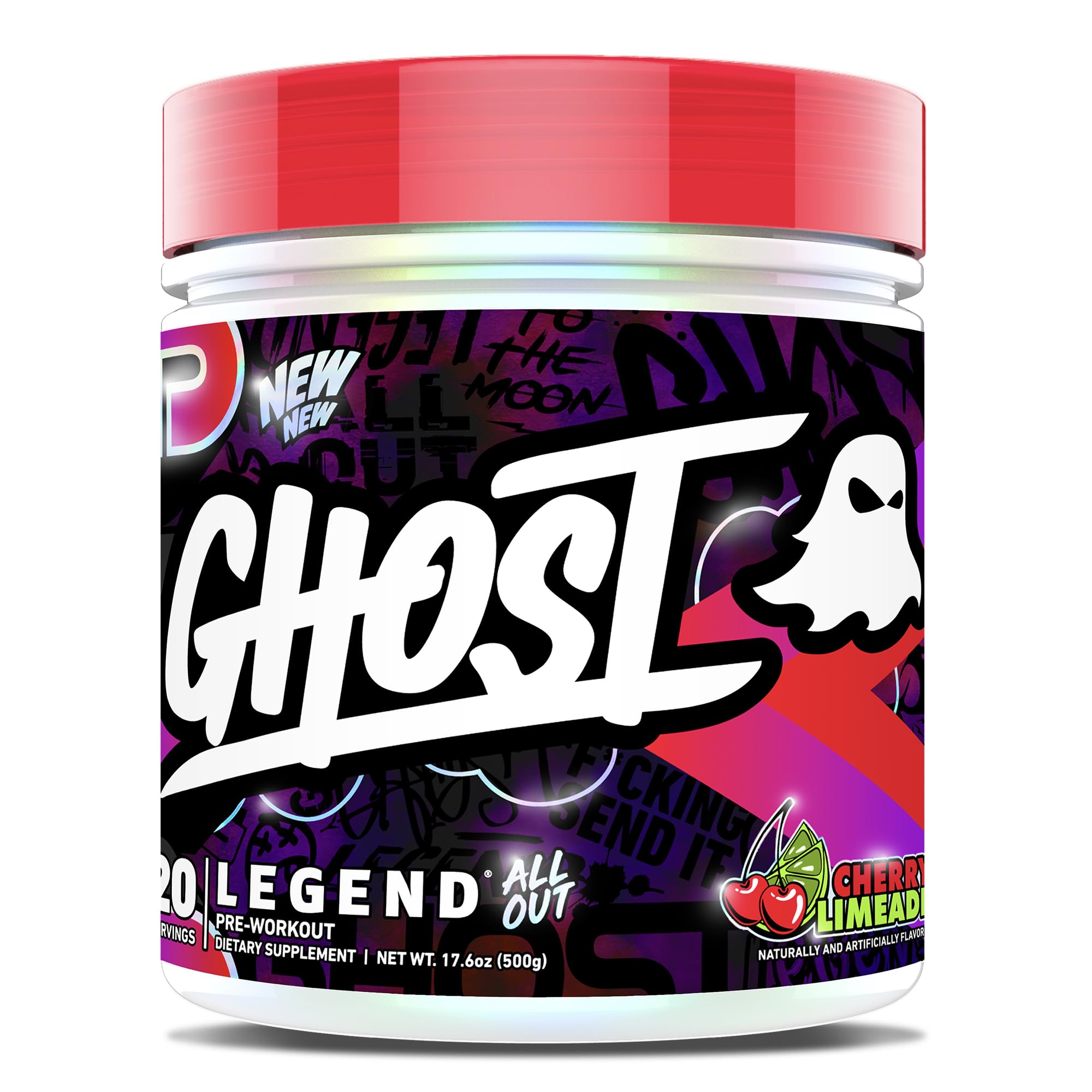 Ghost Legend All Out pre-workout bottle shows Cherry Limeade flavor for sustained energy.