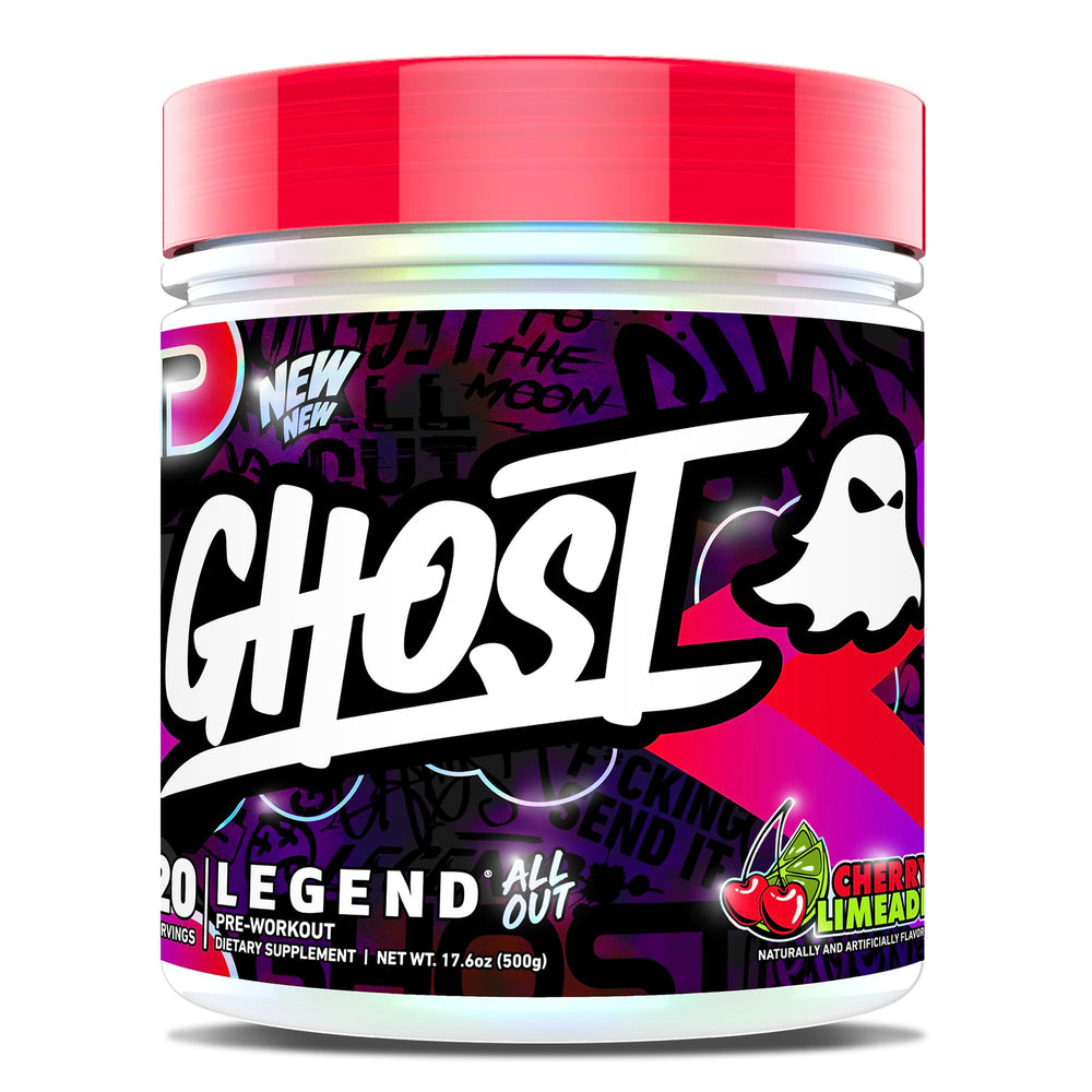 Ghost Legend All Out pre-workout bottle shows Cherry Limeade flavor for sustained energy.