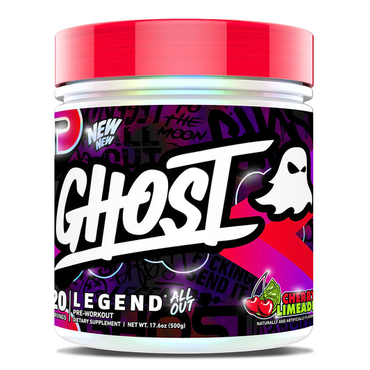 Ghost Legend All Out pre-workout bottle shows Cherry Limeade flavor for sustained energy.