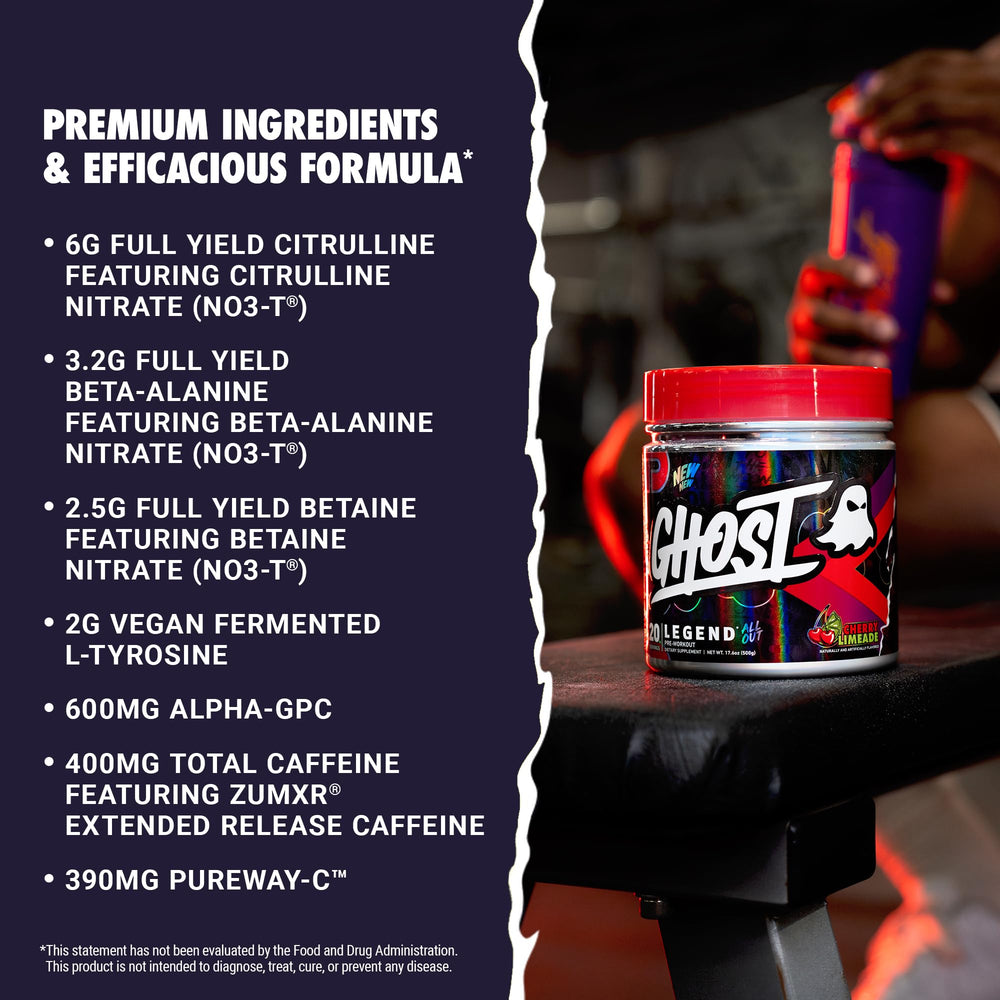 Ghost Legend All Out label detail highlights full-disclosure ingredients and vegan formulation.