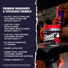 Ghost Legend All Out label detail highlights full-disclosure ingredients and vegan formulation.