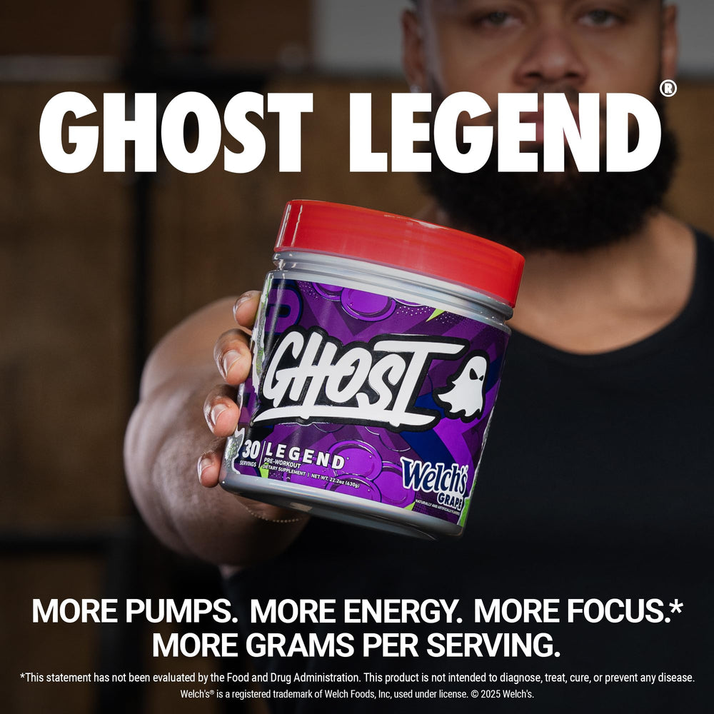 Ghost Legend grape powder scoop ready to mix for quick energy.