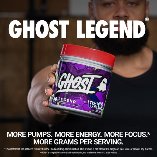Ghost Legend grape powder scoop ready to mix for quick energy.