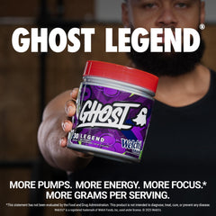 Ghost Legend grape powder scoop ready to mix for quick energy.