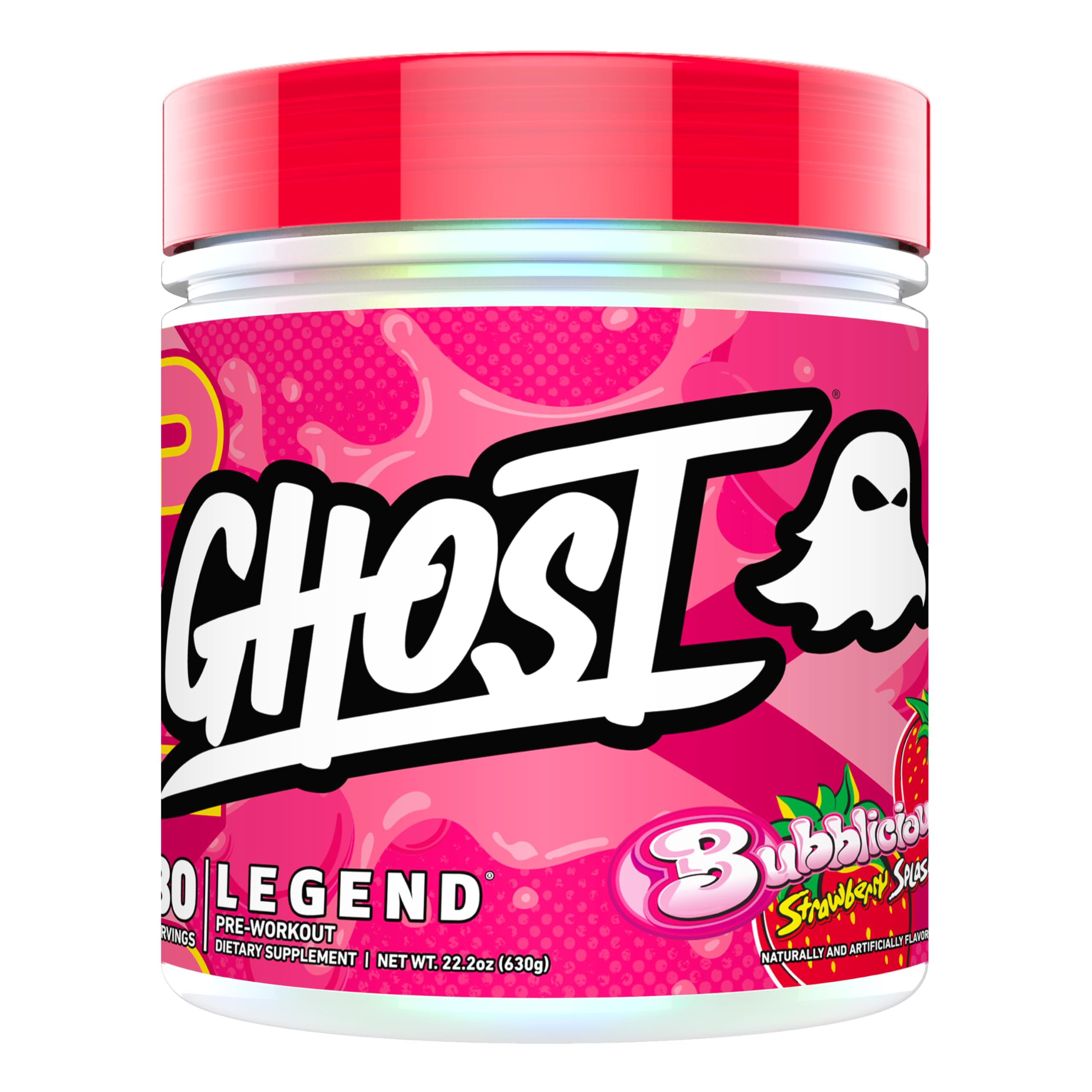 GHOST Legend Bubblicious Strawberry Splash powder in bottle, ready to mix before a workout.