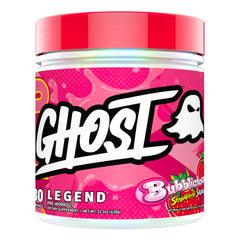 GHOST Legend Bubblicious Strawberry Splash powder in bottle, ready to mix before a workout.