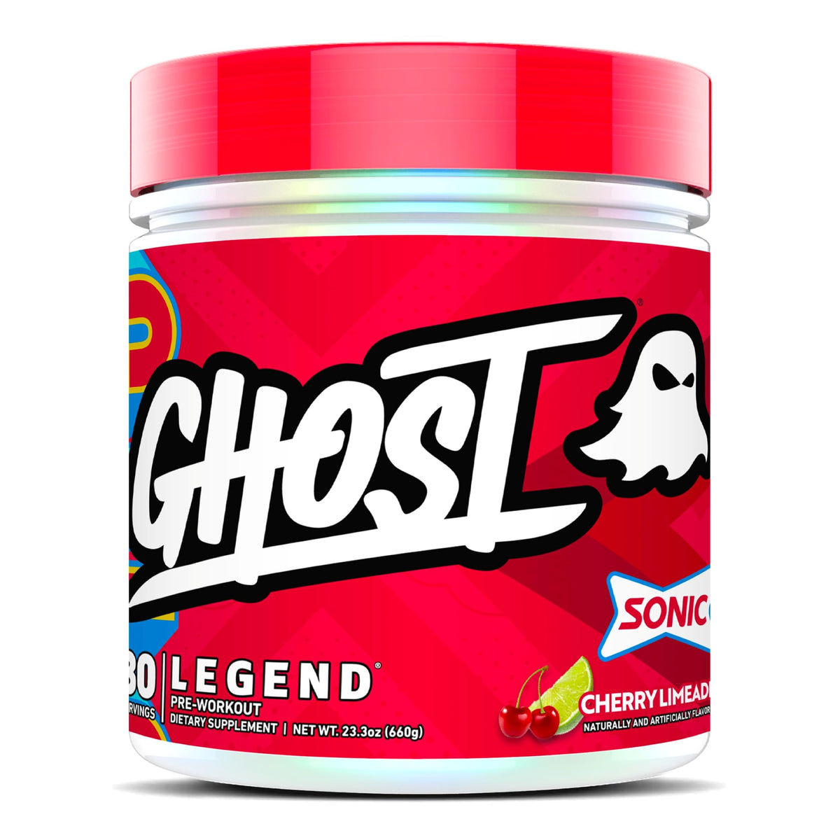 Ghost Legend powder tub with label visible, vegan-friendly pre-workout for energy and focus.