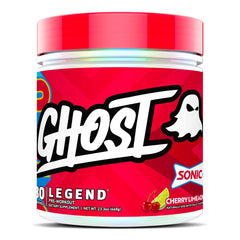 Ghost Legend powder tub with label visible, vegan-friendly pre-workout for energy and focus.