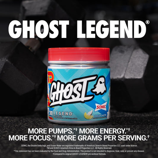 GHOST Legend pre-workout flavor Sonic Ocean Water label for refreshing focus before training