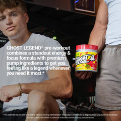 Scoop of GHOST Legend powder ready to mix, sugar-free and vegan-friendly.