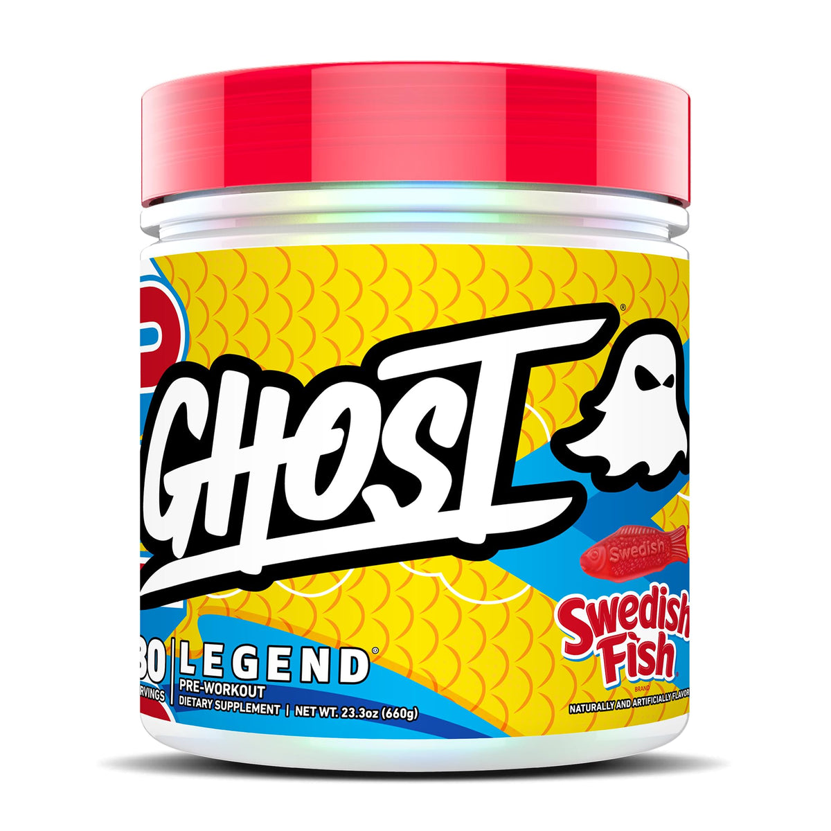 GHOST Legend Swedish Fish can shows vegan pre-workout energy.