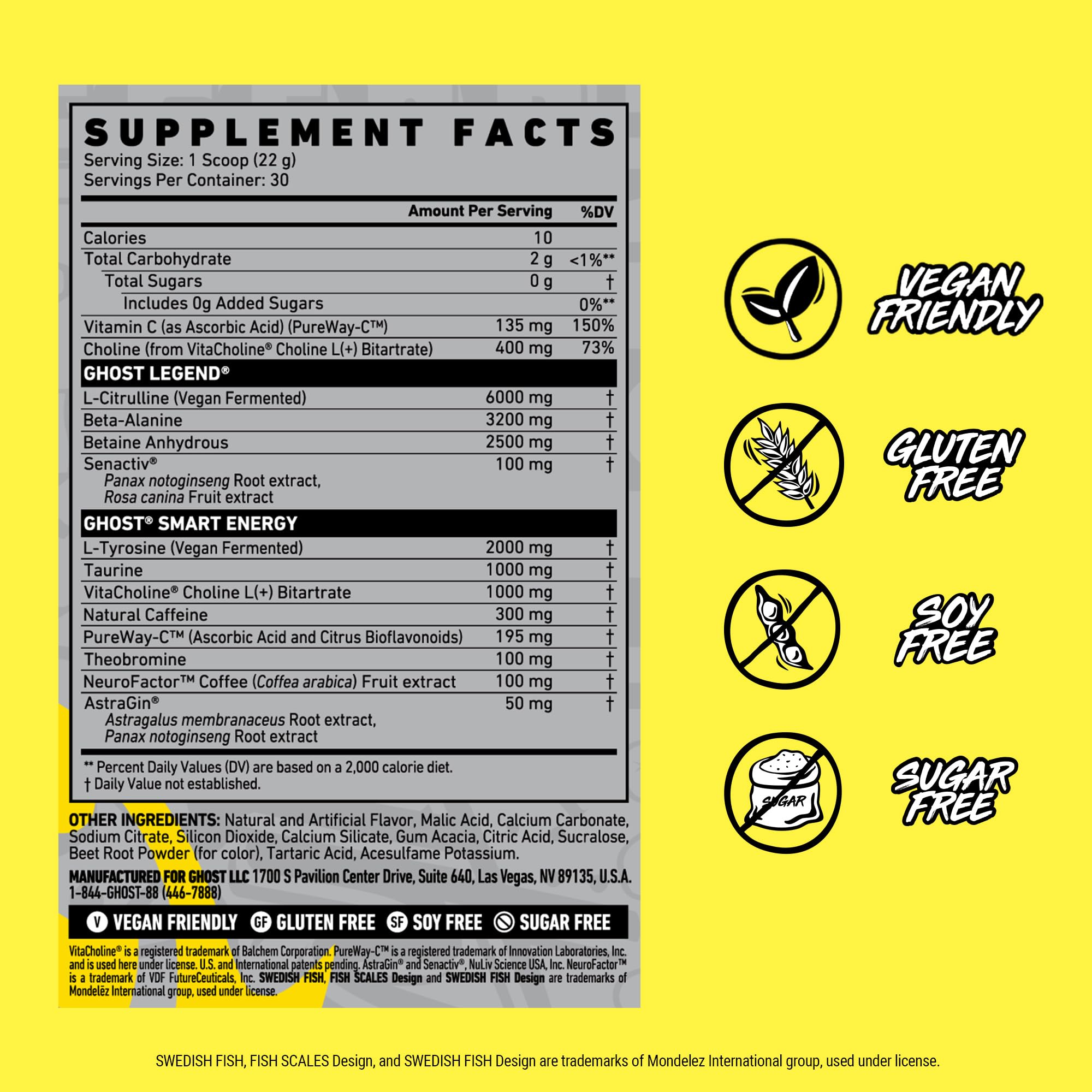 GHOST Legend transparent label highlights ingredients for vegan-friendly choice.