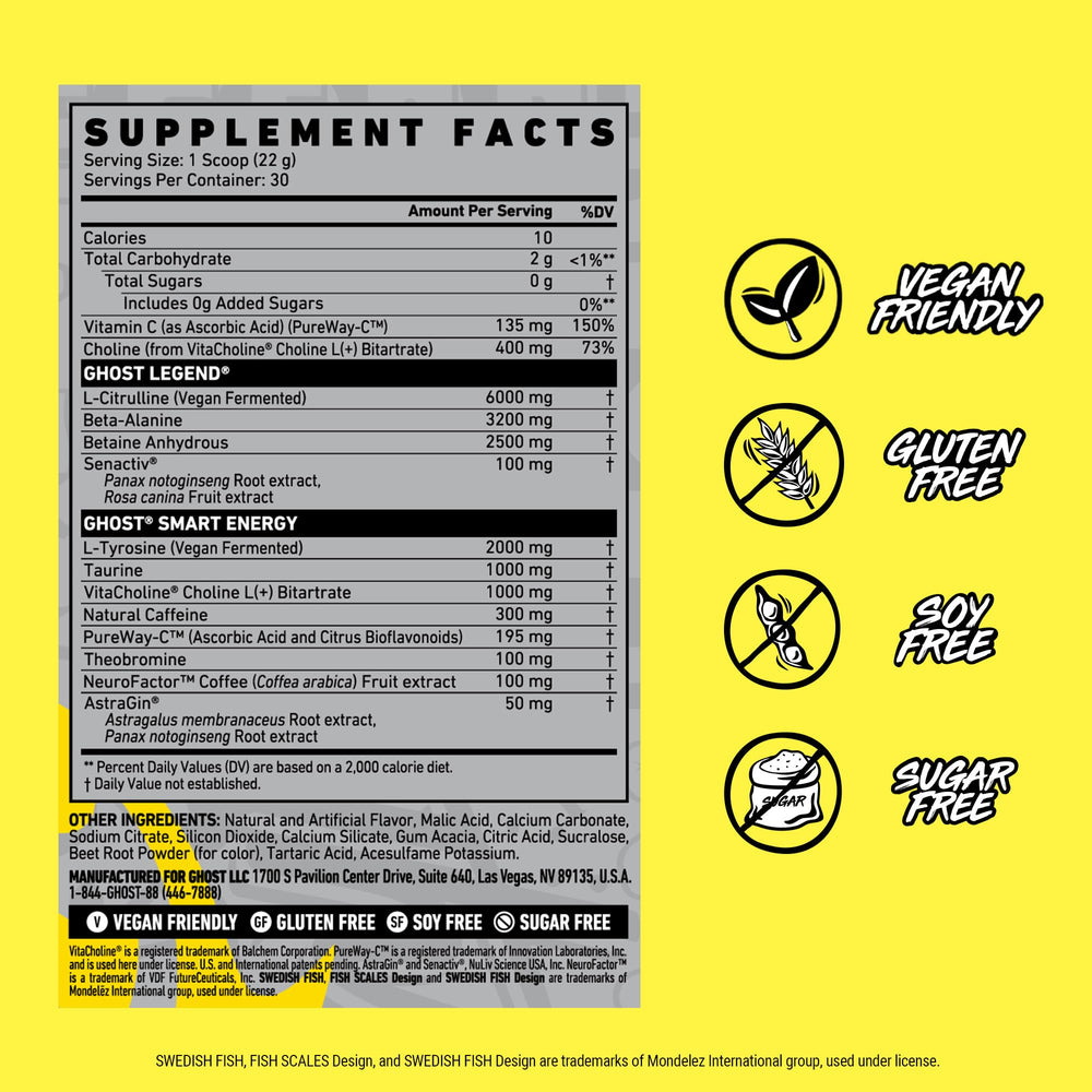 GHOST Legend transparent label highlights ingredients for vegan-friendly choice.