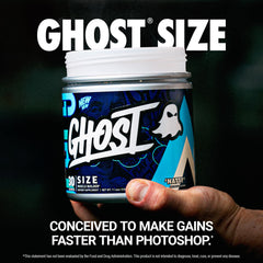 Ghost Size Muscle Builder ingredient panel highlights key actives for potential performance support.