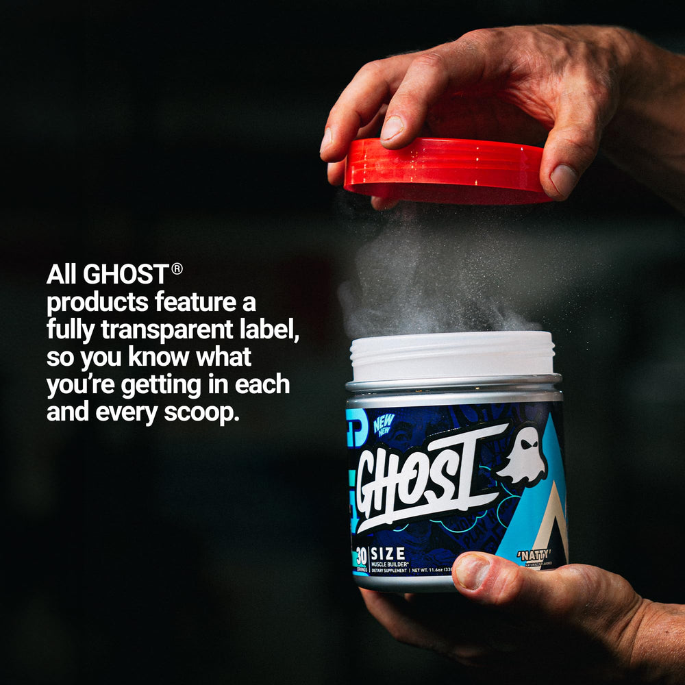 Ghost Size Muscle Builder bottle and glass convey sugar-free hydration during training.