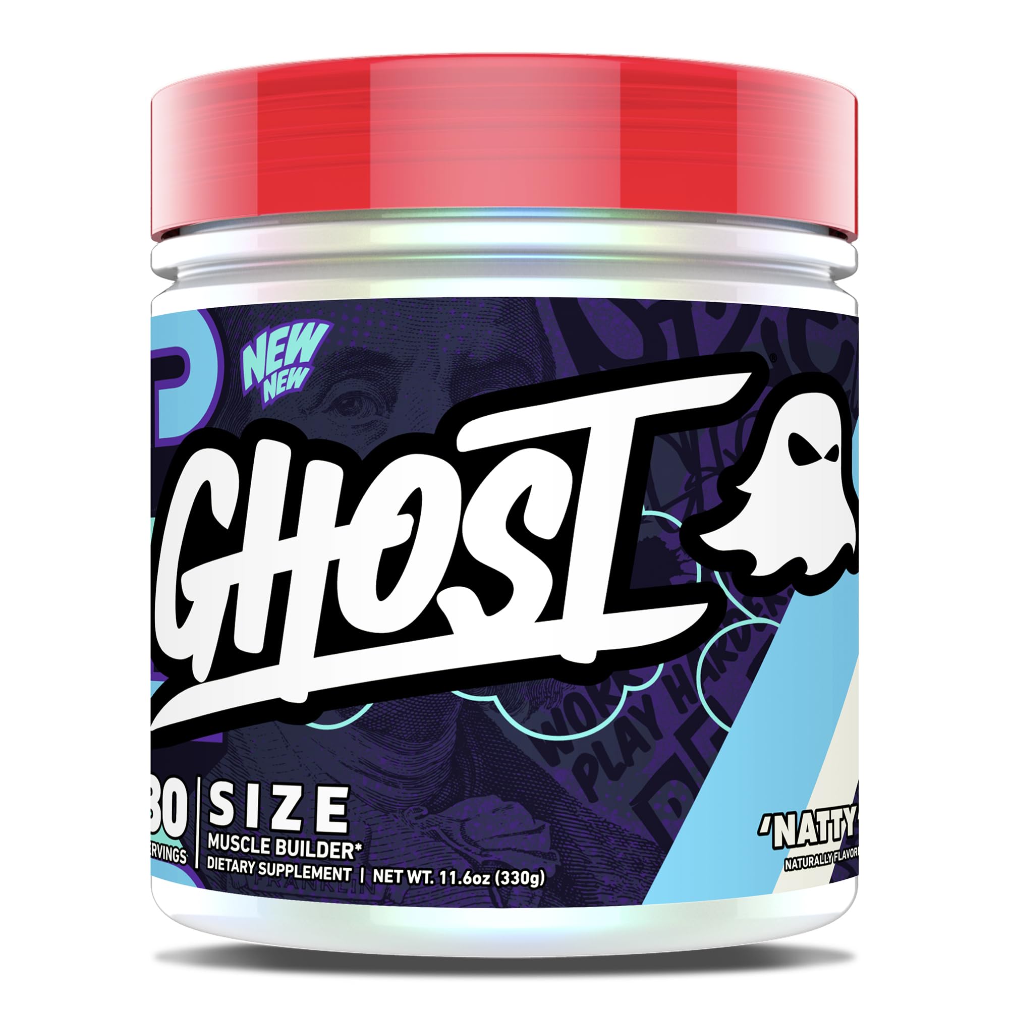 Ghost Size Muscle Builder tub label shows full ingredient doses for transparency.