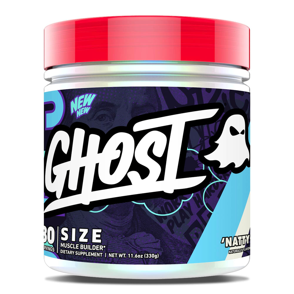 Ghost Size Muscle Builder tub label shows full ingredient doses for transparency.