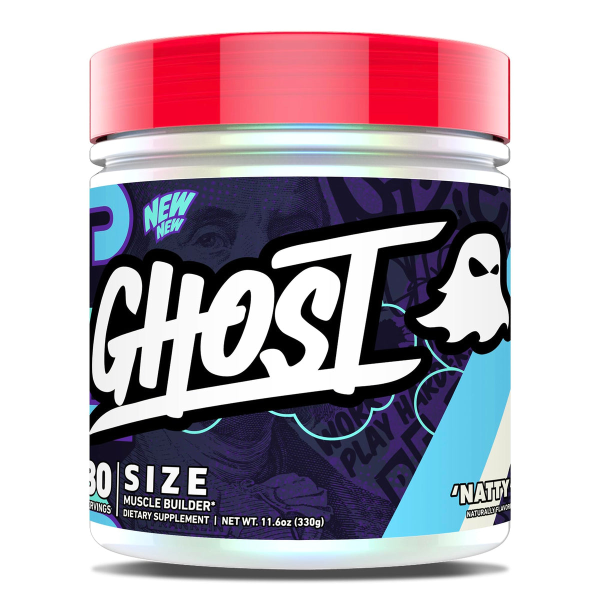 Ghost Size Muscle Builder tub label shows full ingredient doses for transparency.