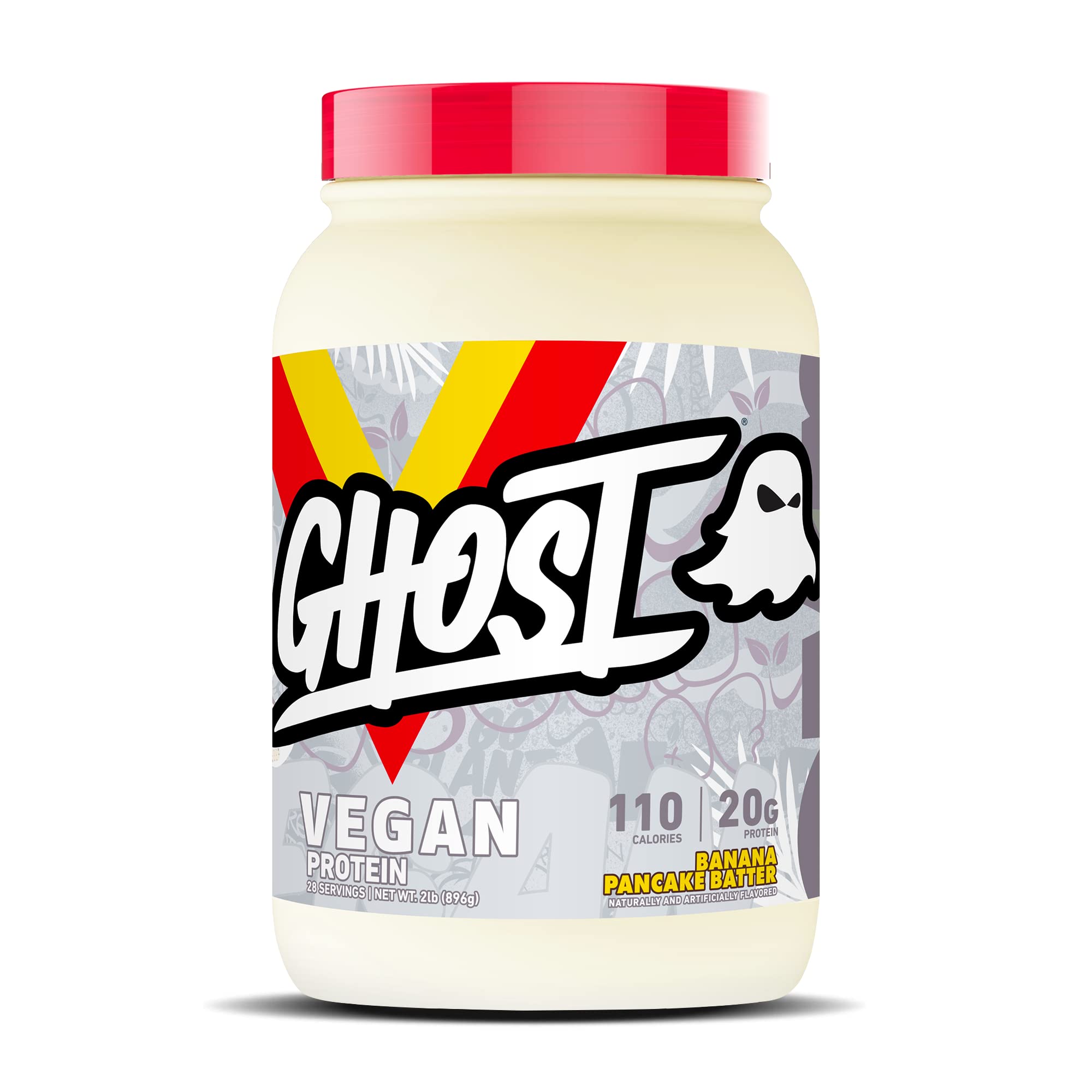 Ghost Vegan Protein Banana Pancake Batter tub with label and 20g protein