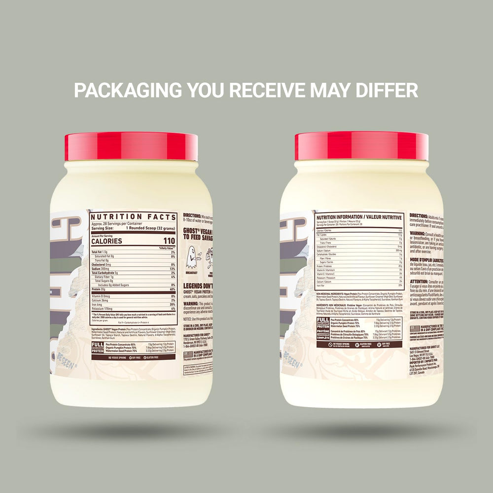 Ghost Vegan Protein nutrition panel close-up showing transparent dose of each ingredient