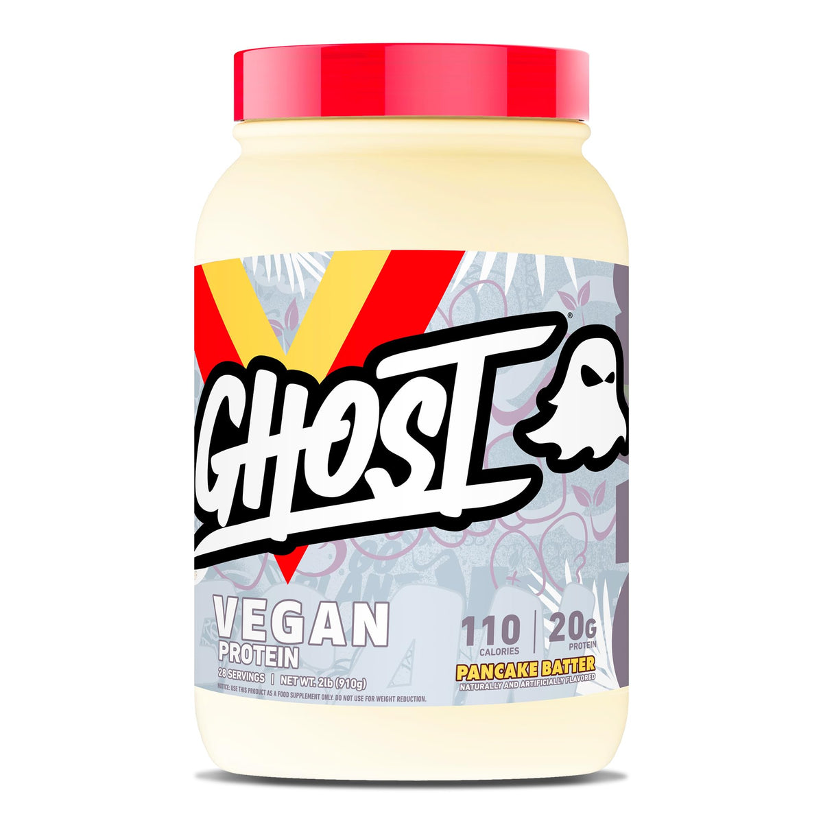 GHOST Vegan Protein Pancake Batter tub with transparent label and ingredients