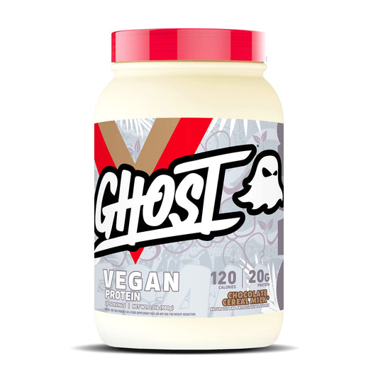 Ghost Vegan Protein Powder Chocolate Cereal Milk tub for post-workout flavor and protein.