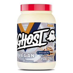 GHOST Vegan V2 Protein Powder Cinnabon tub, ideal for post-workout shakes