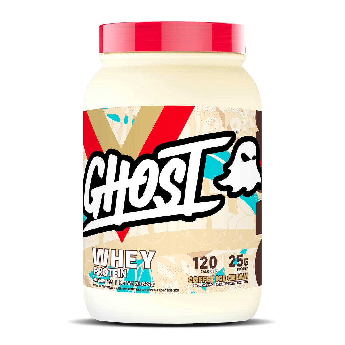 GHOST Whey Coffee Ice Cream tub with 25g protein per scoop for workouts.