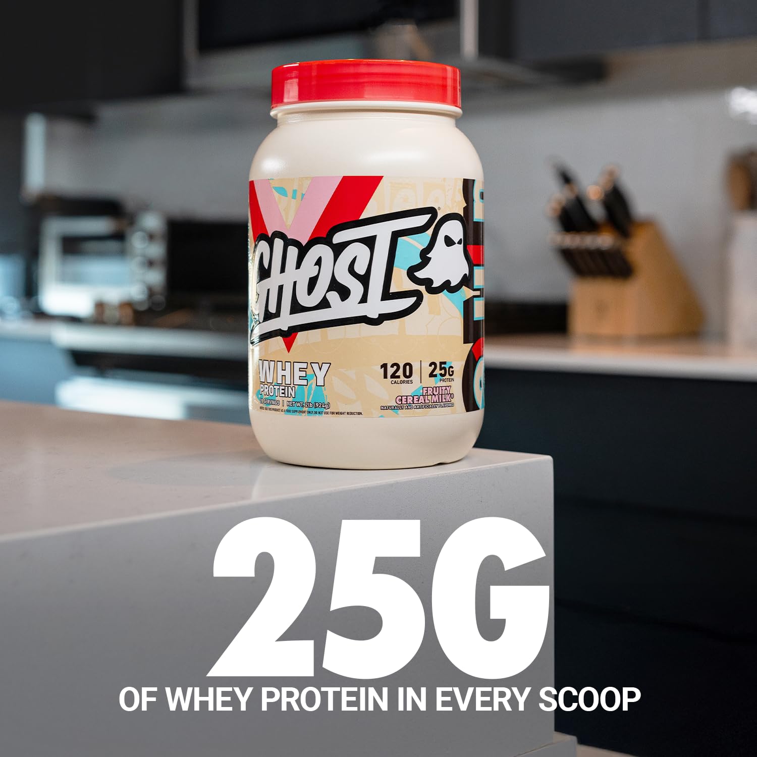 GHOST Whey Fruity Cereal Milk scoop with bowl for smoothies.