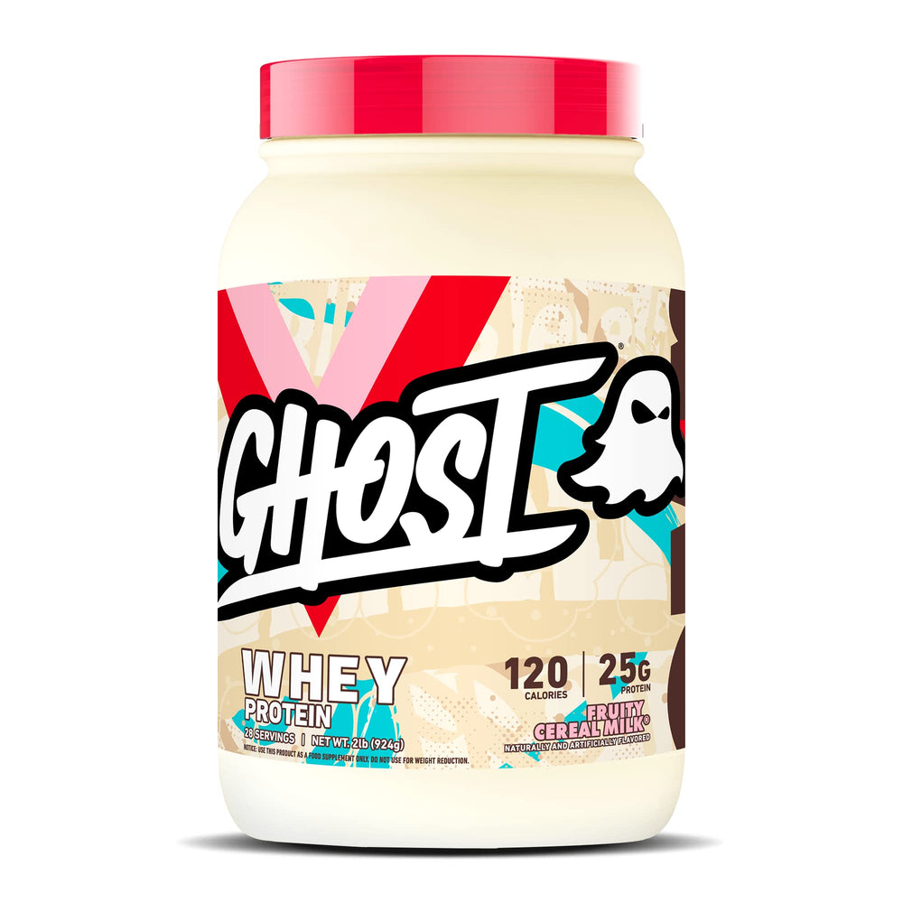 GHOST Whey Fruity Cereal Milk tub front shows fully disclosed ingredients.