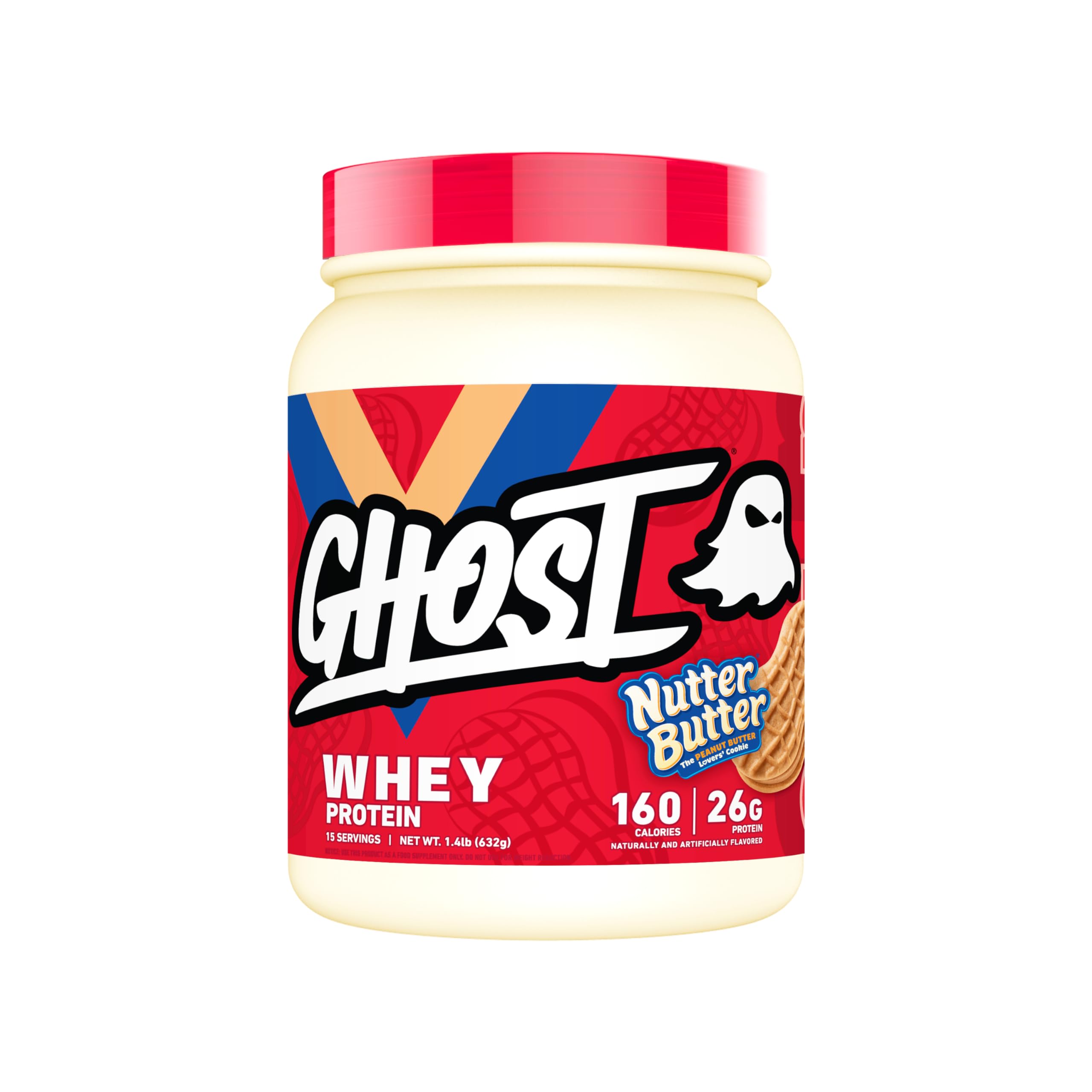 GHOST Whey Nutter Butter tub front shows real cookie pieces for indulgent flavor.