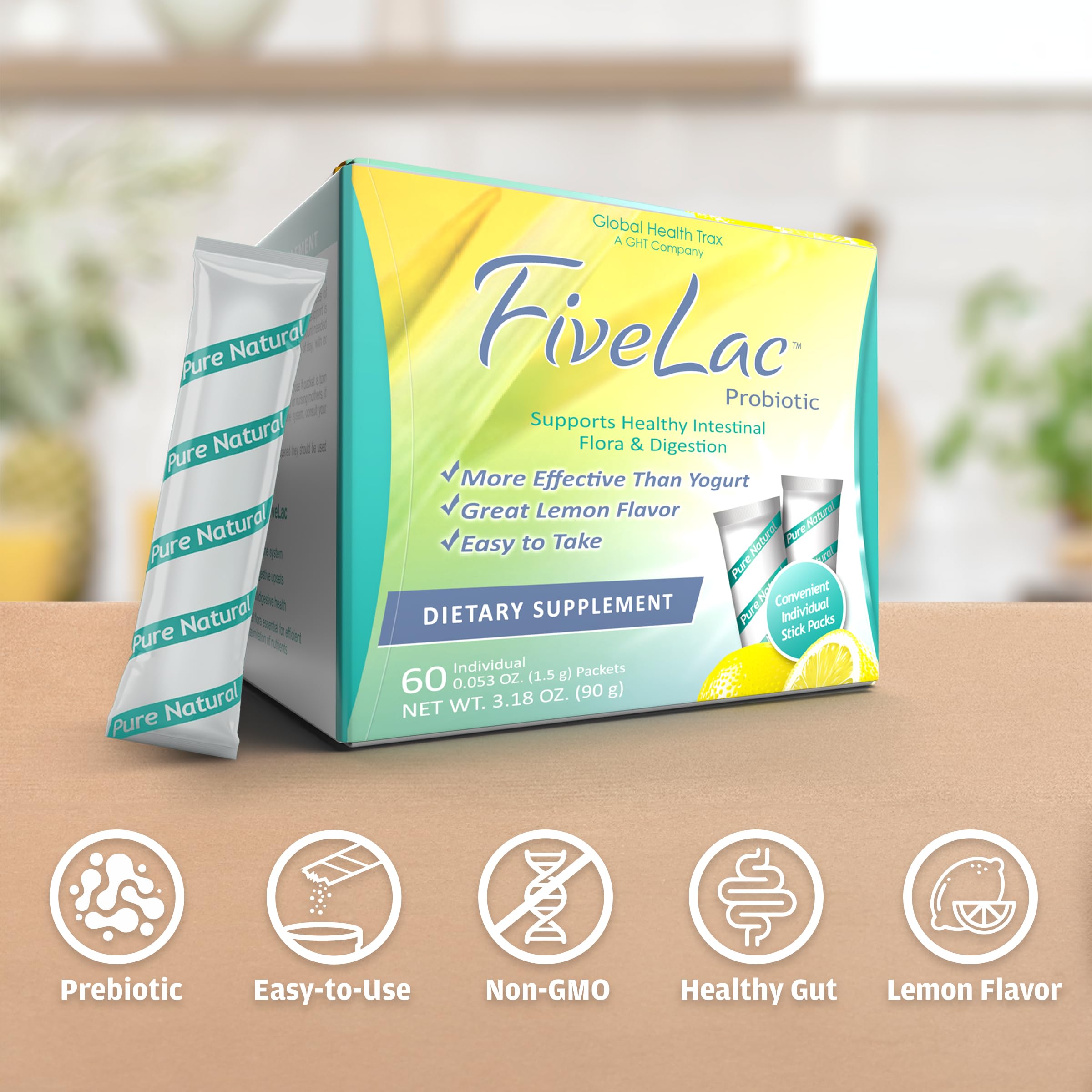 Spoon scooping FiveLac powder from a lemon packet for daily gut support.
