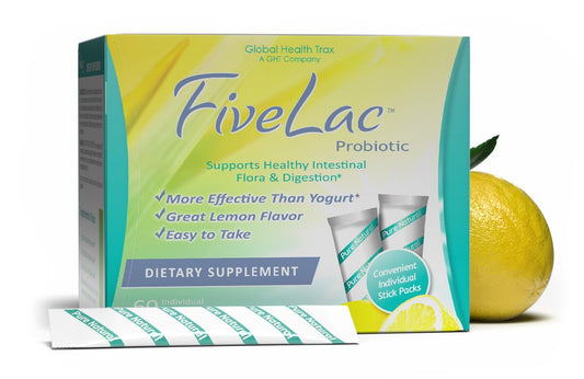 GHT FiveLac lemon probiotic packets on table for convenient daily use.