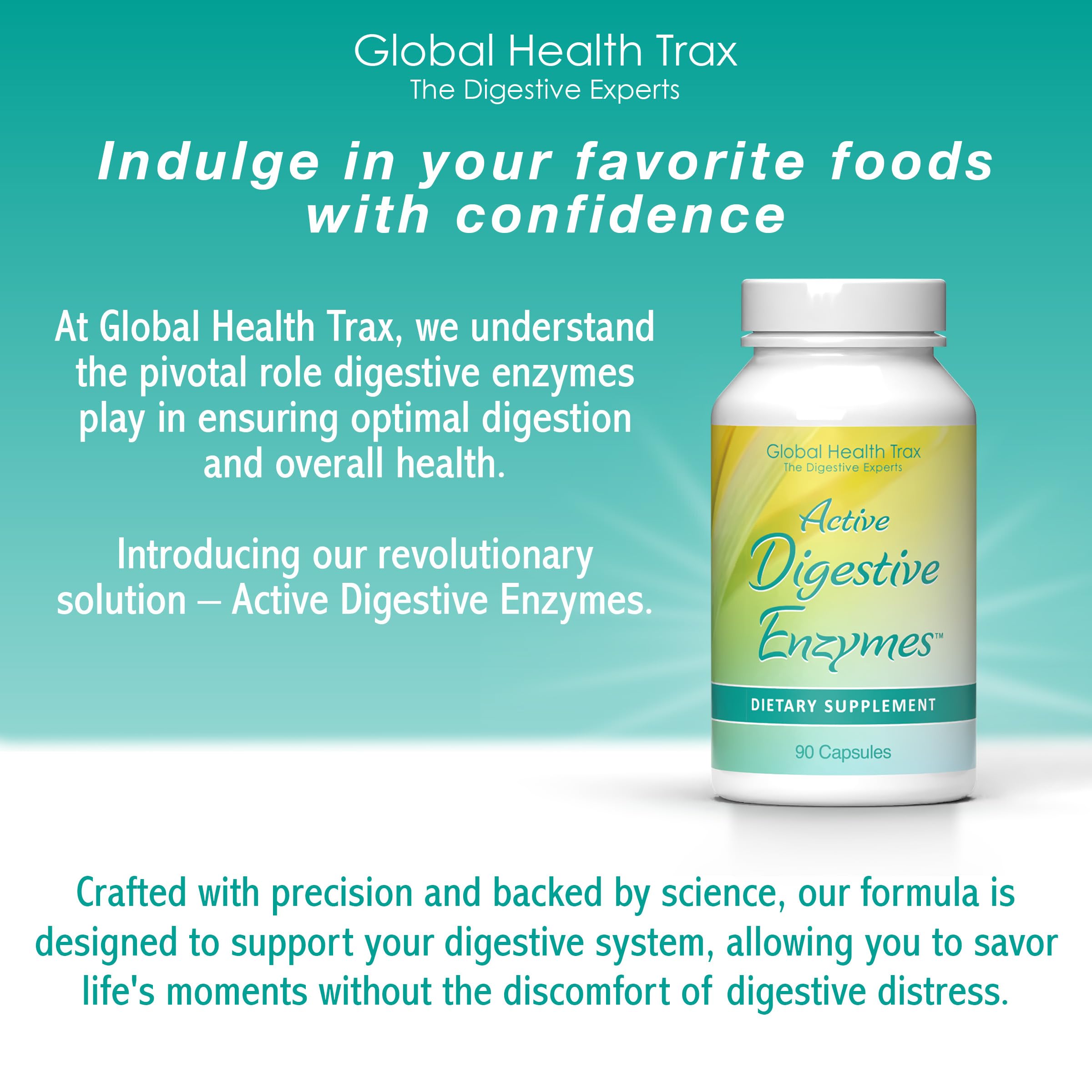 ght Global Health Trax Active Digestive Enzymes ingredient blend showcases broad digestive support.