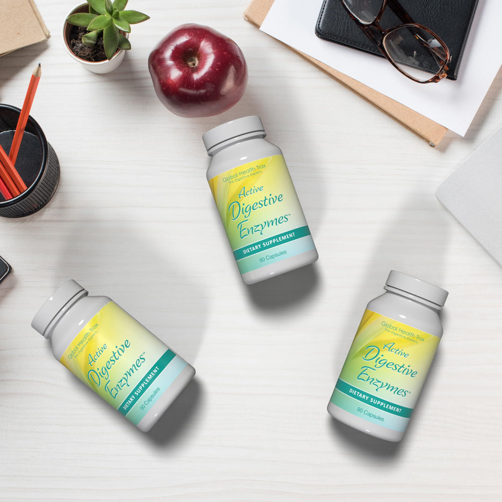 ght Global Health Trax Active Digestive Enzymes packaging front communicates natural plant-based formulation.