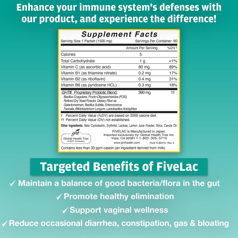 Global Health Trax FiveLac Lemon packets designed for convenient on-the-go use.